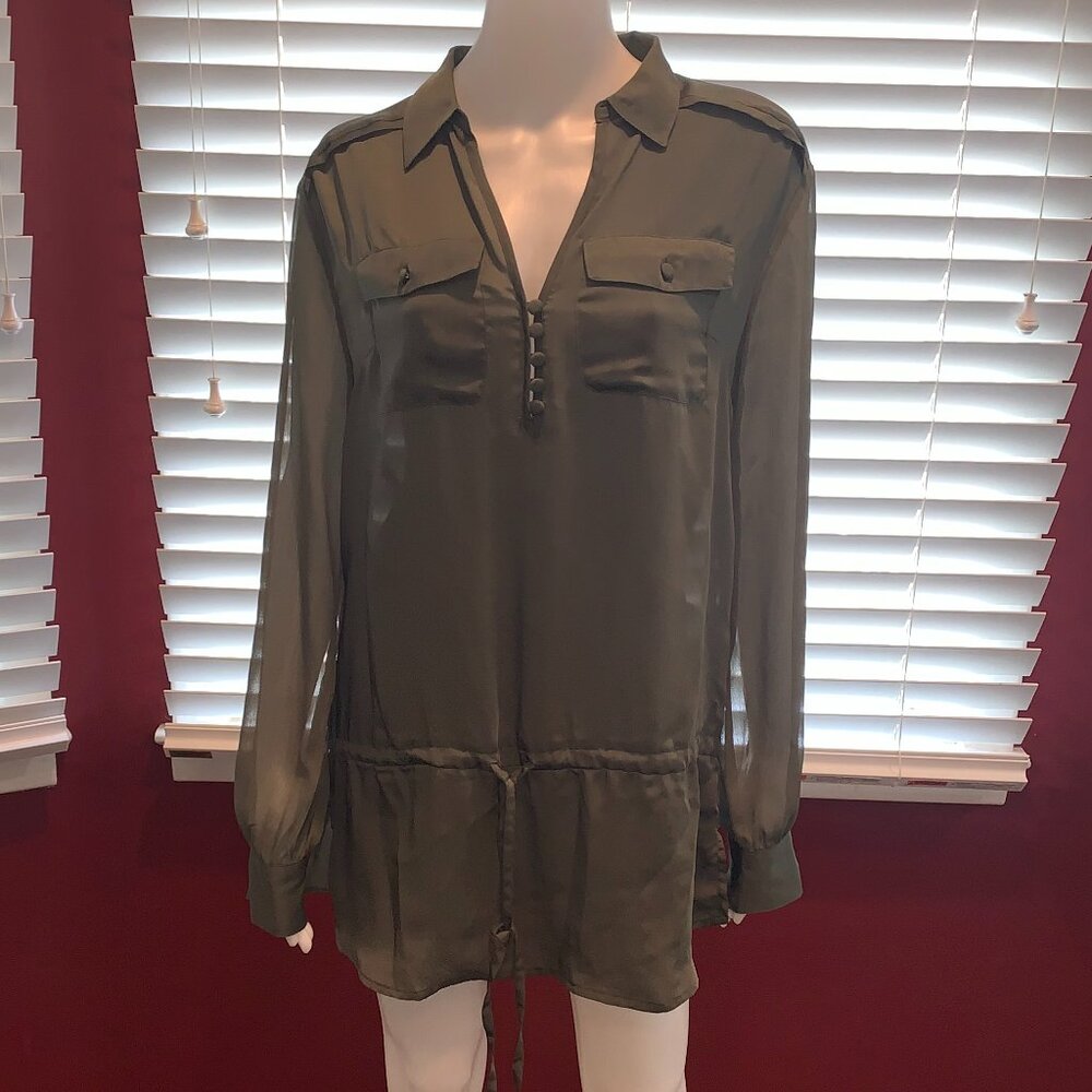 EUC Nicole by Nicole Miller Women's Blouse Sheer Sleeves Olive Size Medium